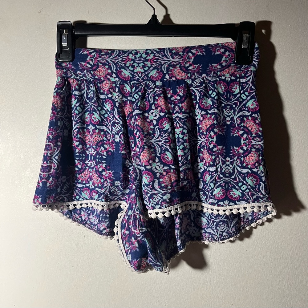 Charlotte Russe Shorts Size XS Floral Pull On Navy Blue Womens Pom Pom Fringe